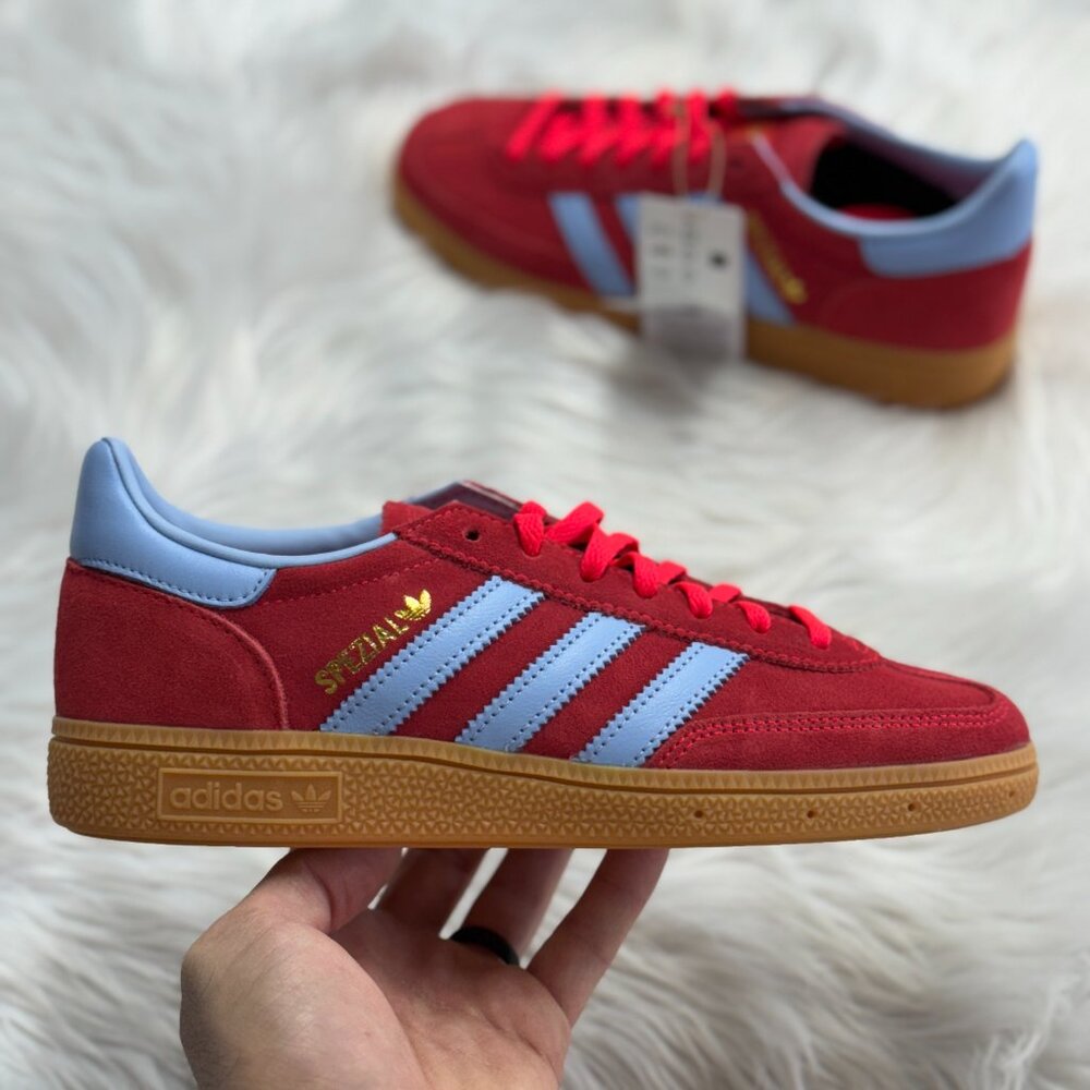 Adidas Handball Spezial Lucid Red Glow Blue Gum Womens JR3607 NEW Multi Sz - Picture 1 of 7